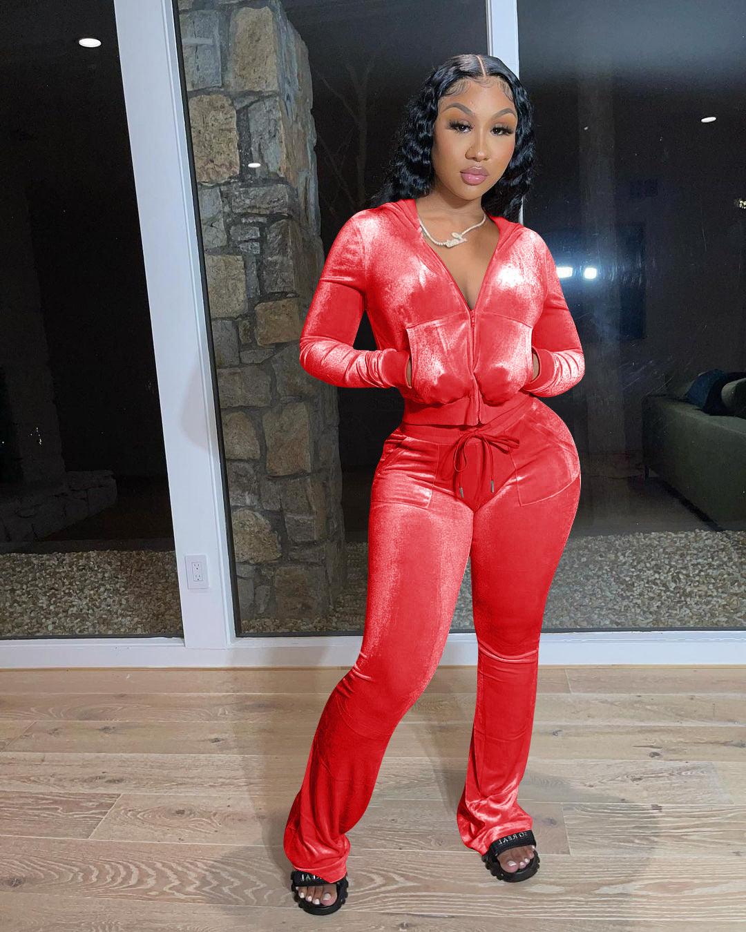 Ladies Sporty Velvet Jumpsuit with Hood and Chic Pockets