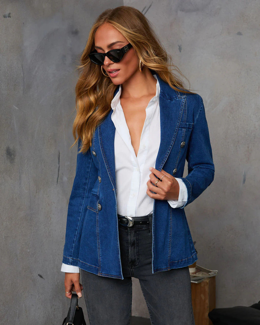 Women's Denim Blazer In Elegant Double-Breasted Style Lune London