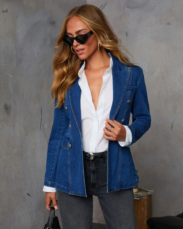 Women's Denim Blazer In Elegant Double-Breasted Style Lune London
