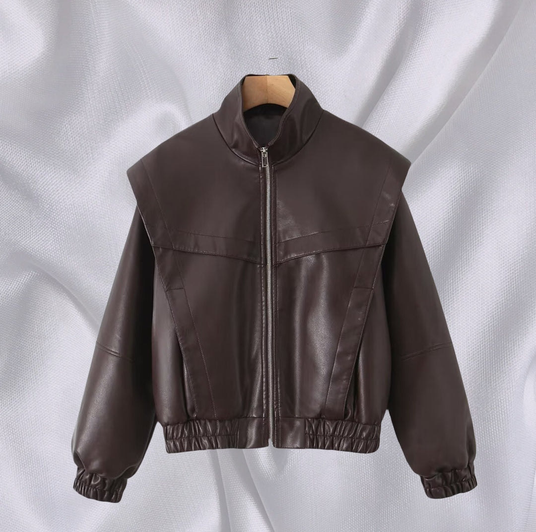 Elegant faux leather jacket for women with high collar Lune London