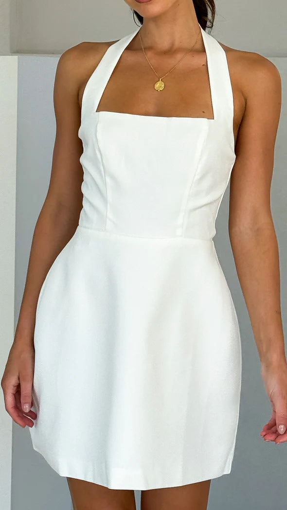 Ladies short dress with stylish halter neck and flowing cut Lune London