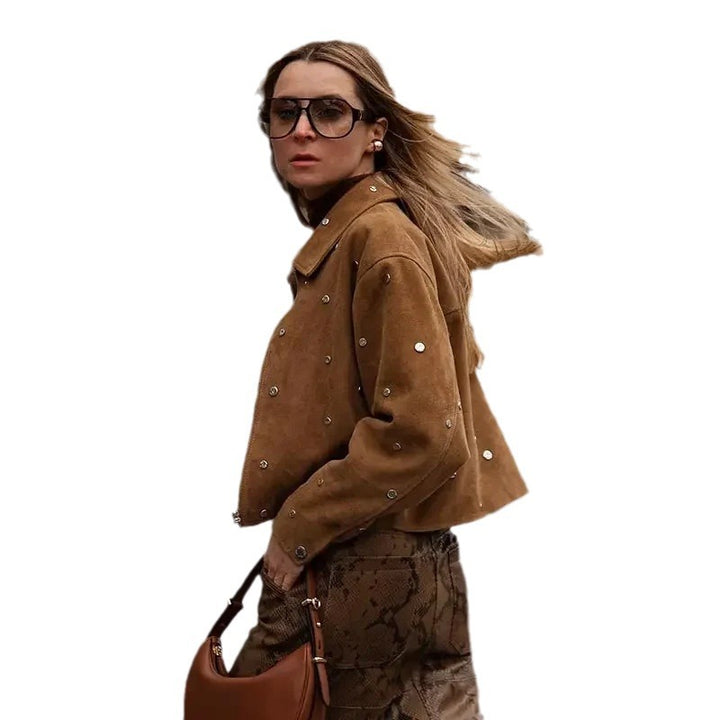 Trendy short jacket for women in structured material with pearl appliqués Lune London