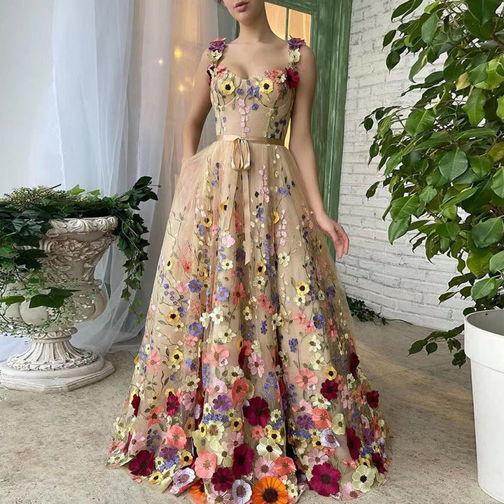 Women's Flower Embroidered Tulle Dress with Waist Belt and A-Line Silhouette Lune London