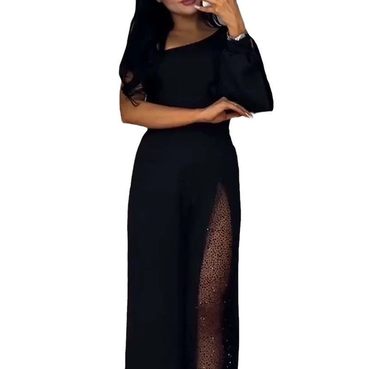 Asymmetrical one-shoulder jumpsuit for women with sequin panel Lune London