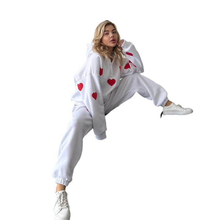 Women's fleece hooded tracksuit top with heart pattern and relaxed fit Lune London