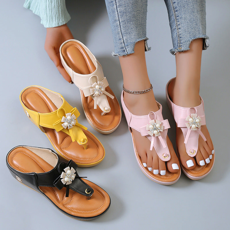 Ladies Comfortable Wedge Sandals with elegant floral appliqués Lune London
