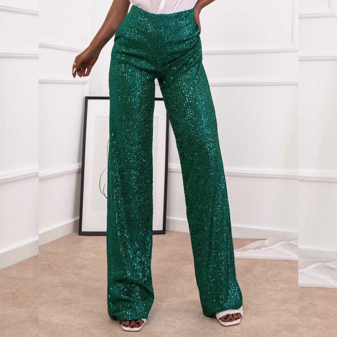 Women Sparkling Palazzo Pants with Shimmering Sequins and High Waist Lune London