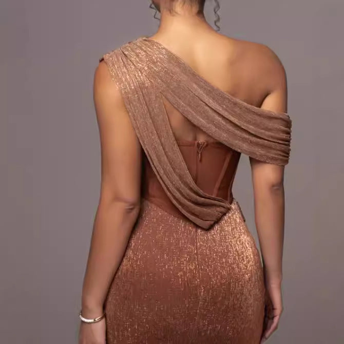 Women's Glamorous Maxi Evening Dress with Asymmetrical Neckline and Shimmering Draping Design