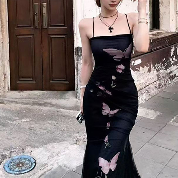 Ladies elegant wrap dress with floral butterfly print and adjustable spaghetti straps
