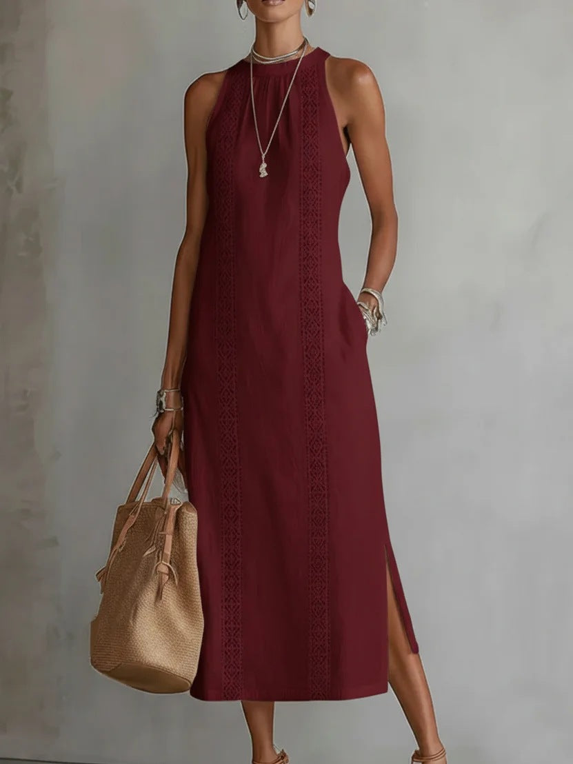 Women Elegant Summer Maxi Dress with Lace Appliqué and Side Slit Lune London