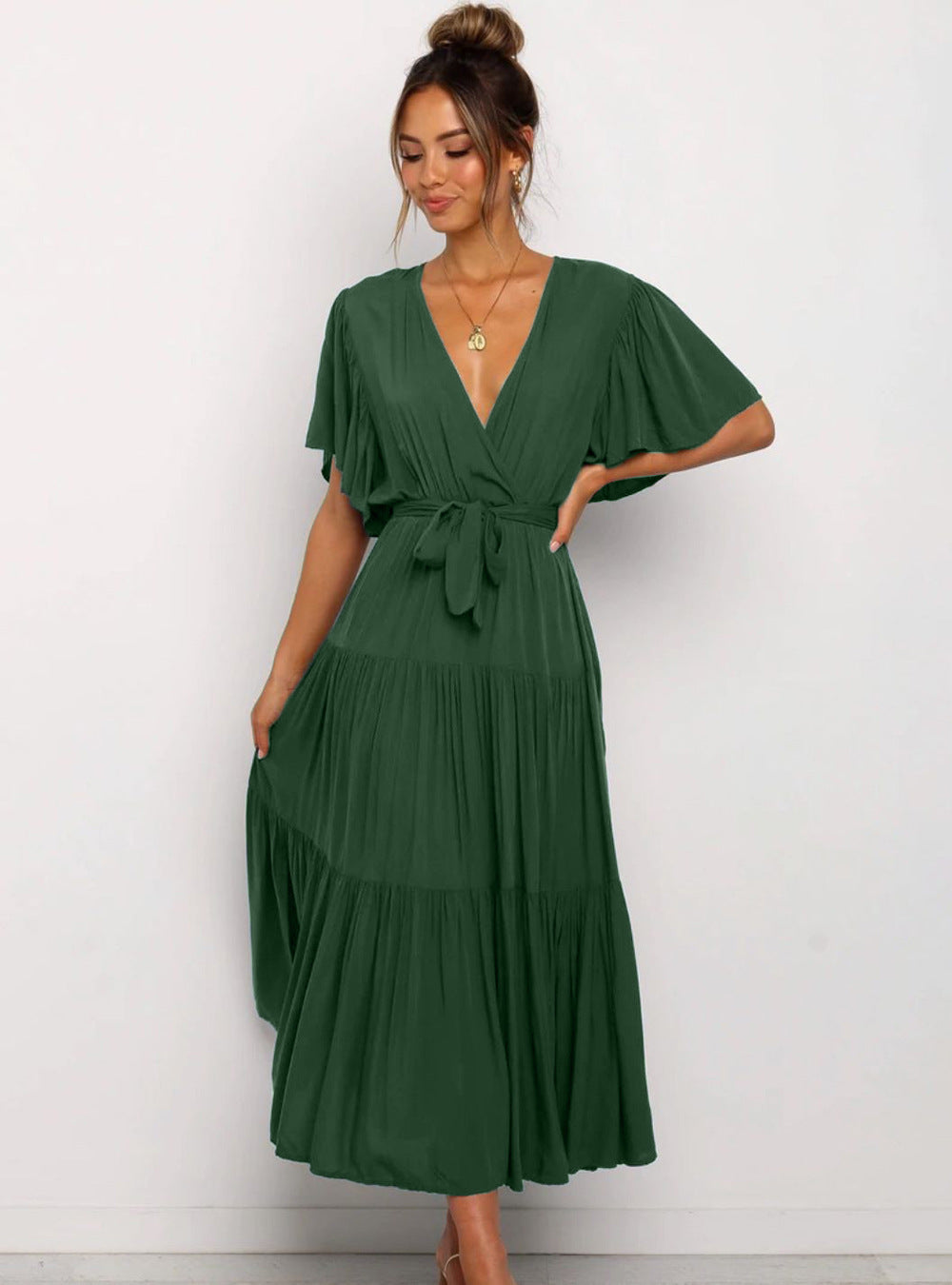 Lune London Fluid maxi dress for women with tie-up belt and butterfly sleeves