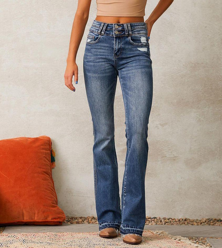 Women's Flared Jeans with High Waist and Fashionable Destroyed Effect Lune London
