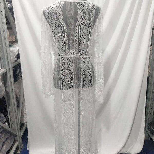 Women’s Long Lace Kimono with Wide Sleeves and Ties Lune London
