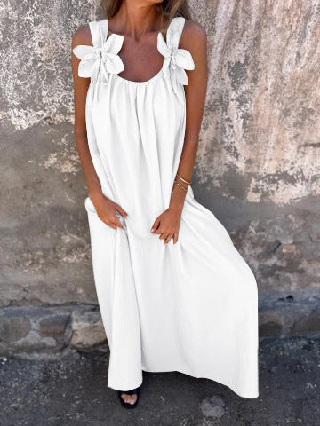 Fluid maxi dress for women with decorative ties at the shoulders Lune London