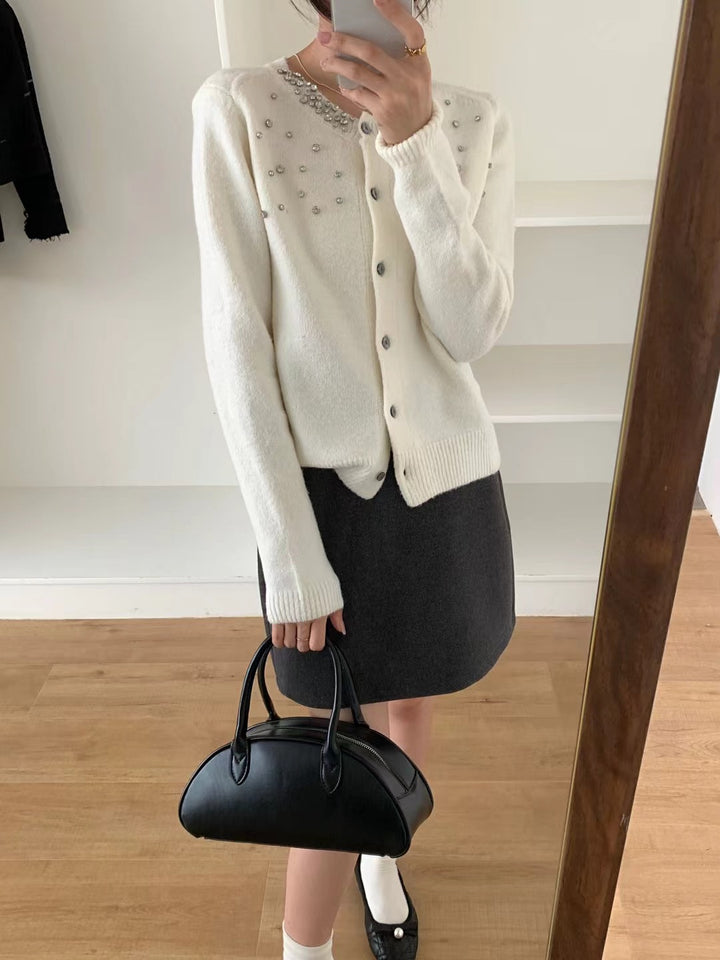 Knit jacket for women with elegant pearl appliqués and a classic round collar Lune London