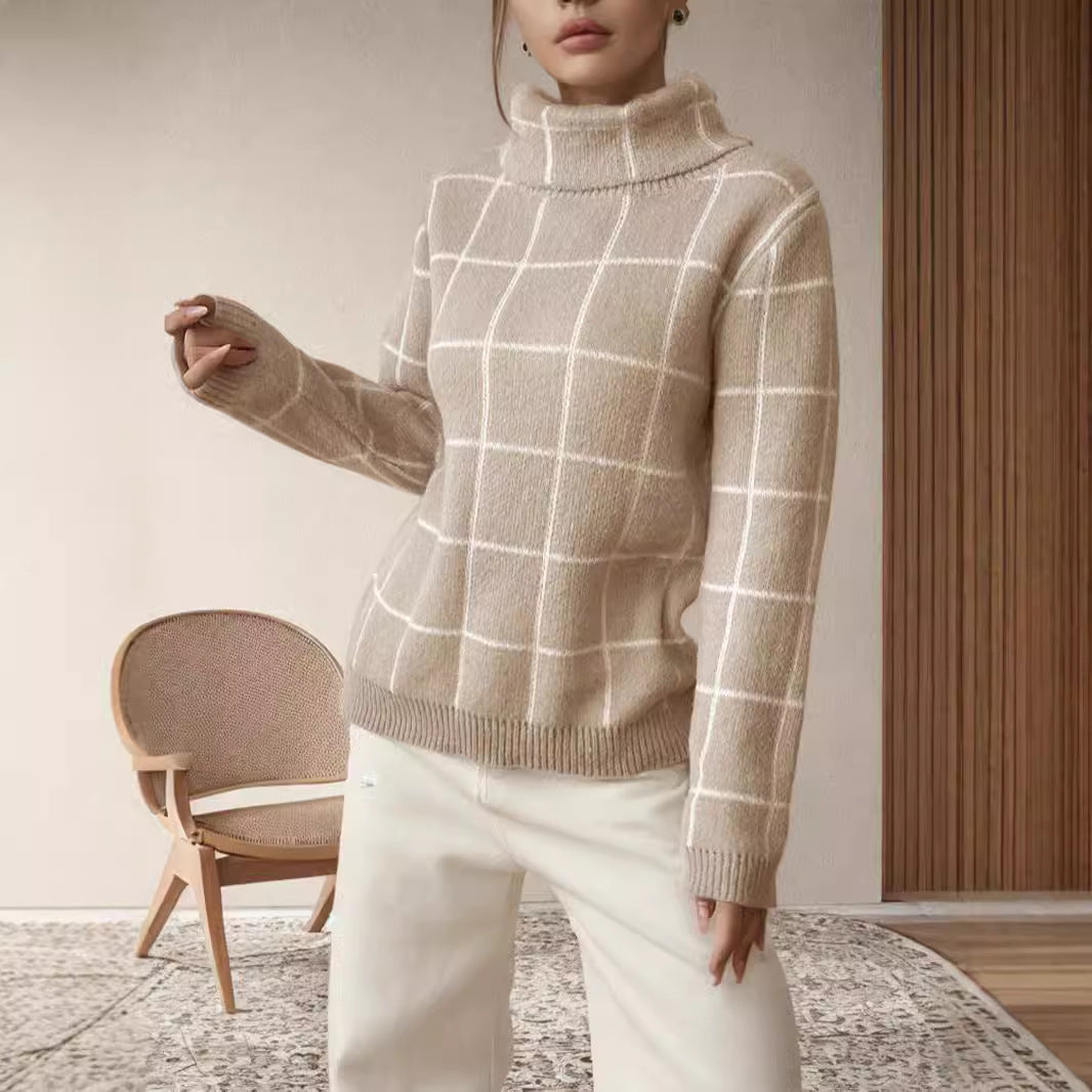 Pull décontracté pour femmes en tricot épais avec motif à carreaux moderne et col haut Chic & Stil
