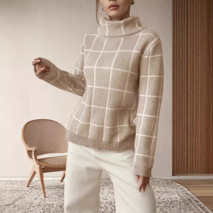 Pull décontracté pour femmes en tricot épais avec motif à carreaux moderne et col haut Chic & Stil