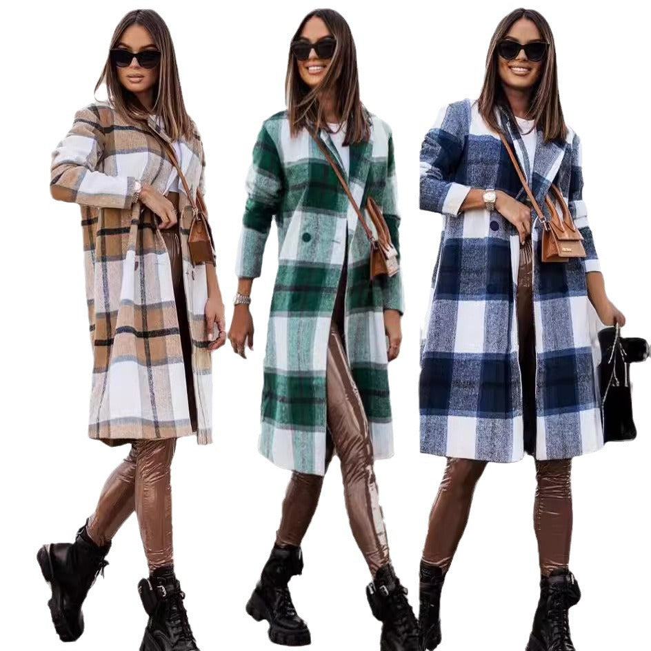 Long wool coat for women with plaid pattern and adjustable belt Lune London