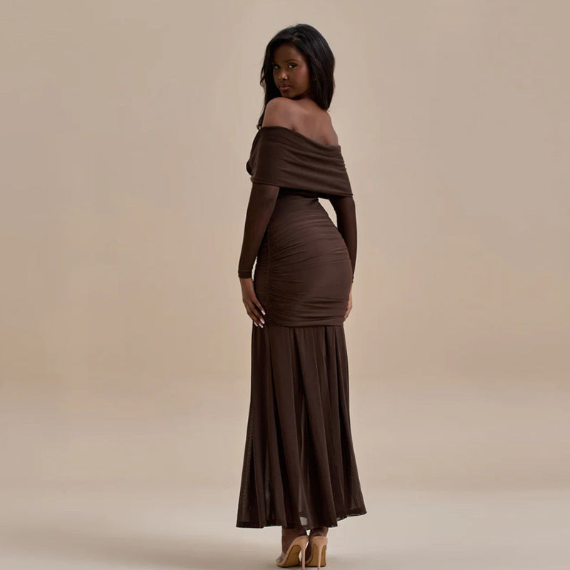 Elegant maxi dress with ruffles for women with an exposed neckline design Lune London
