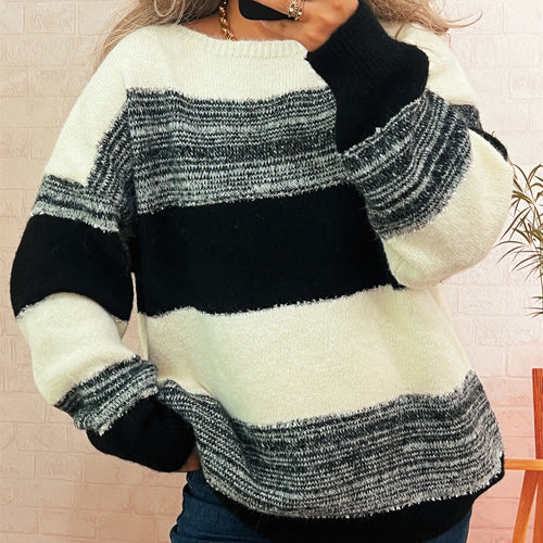 Pull surdimensionné pour femmes en peluche avec un motif rayé tendance et une coupe décontractée Chic & Stil