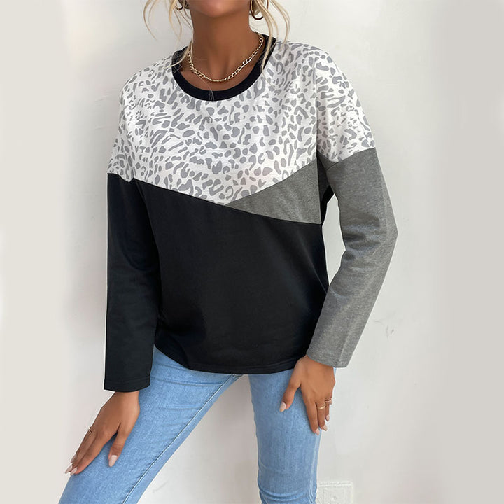 Chemise longue à manches longues pour femmes avec impression léopard créative et rayures en blocs Chic & Stil