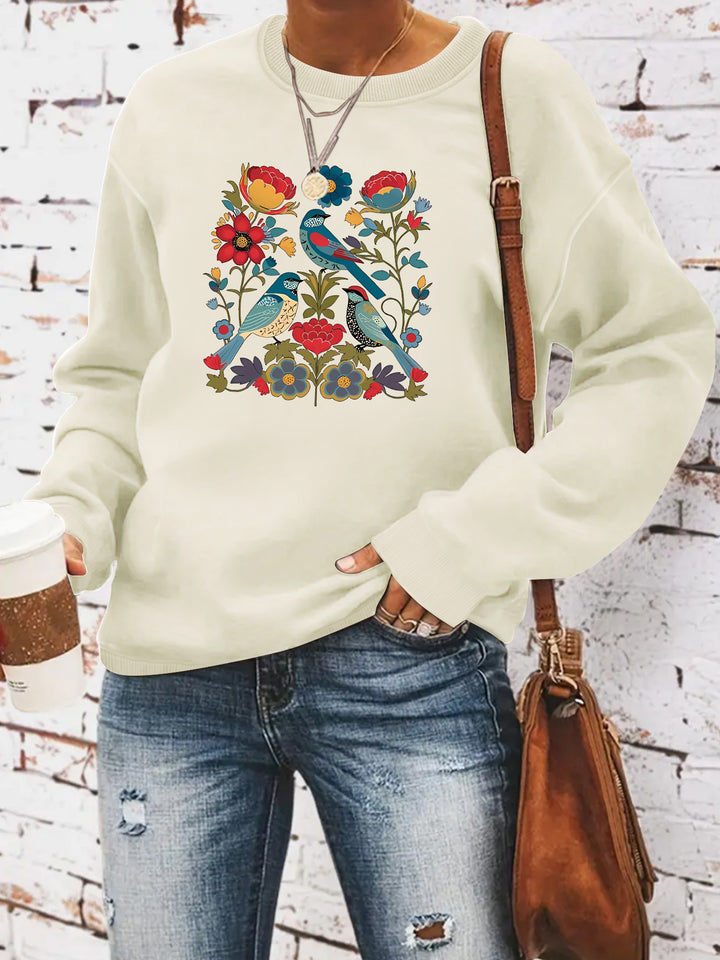 Sweatshirt pour femme avec motif floral d'oiseau et coupe décontractée Chic & Stil