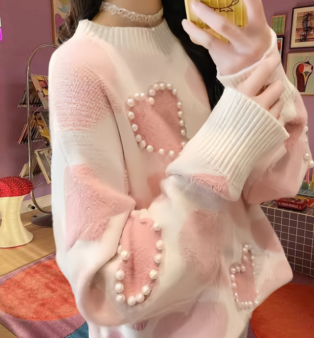 Ladies Knitted sweater with heart-shaped appliqués and ribbed collar Lune London