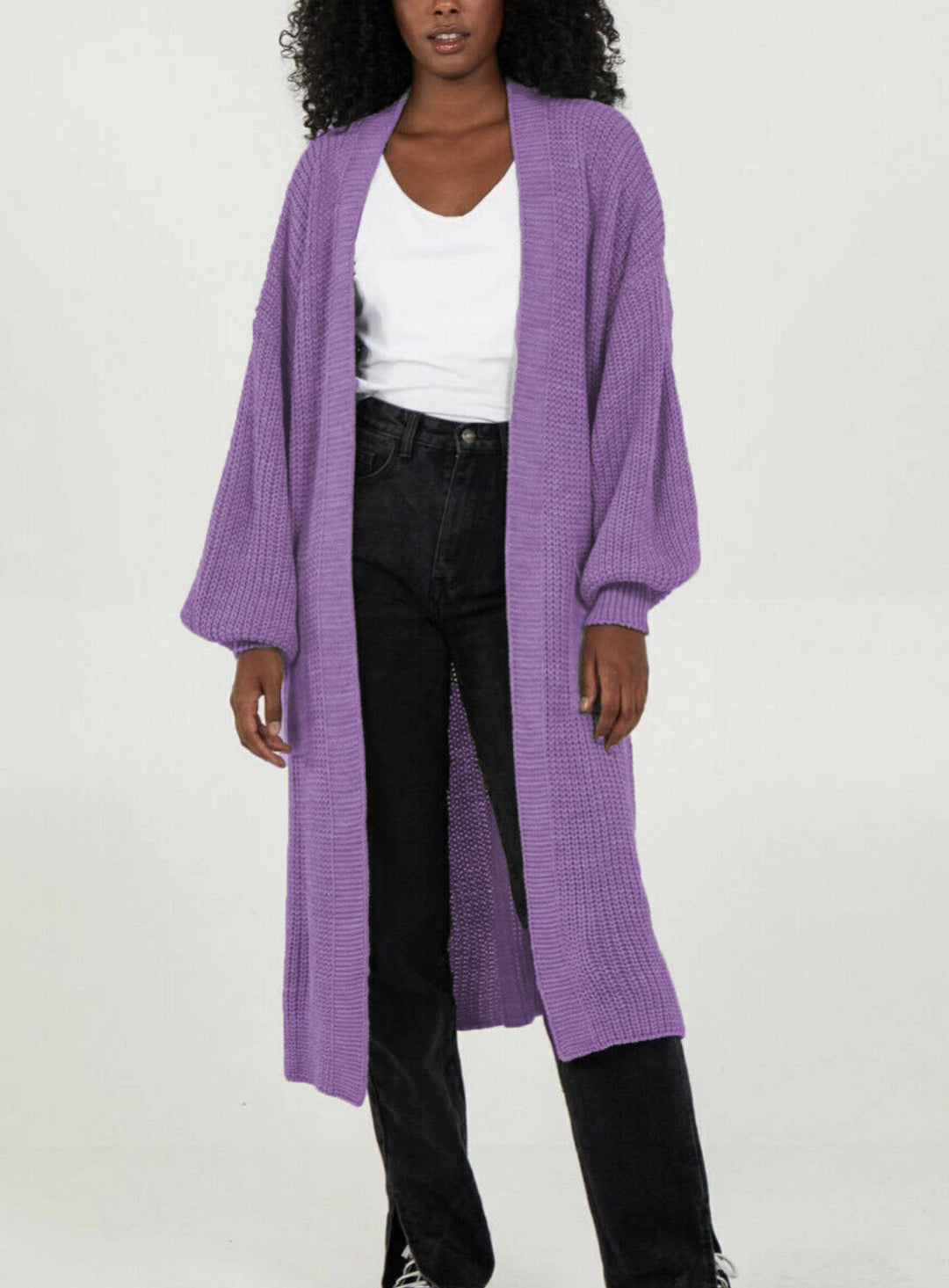 Ladies Long knitted cardigan with airy sleeves and an open front Lune London