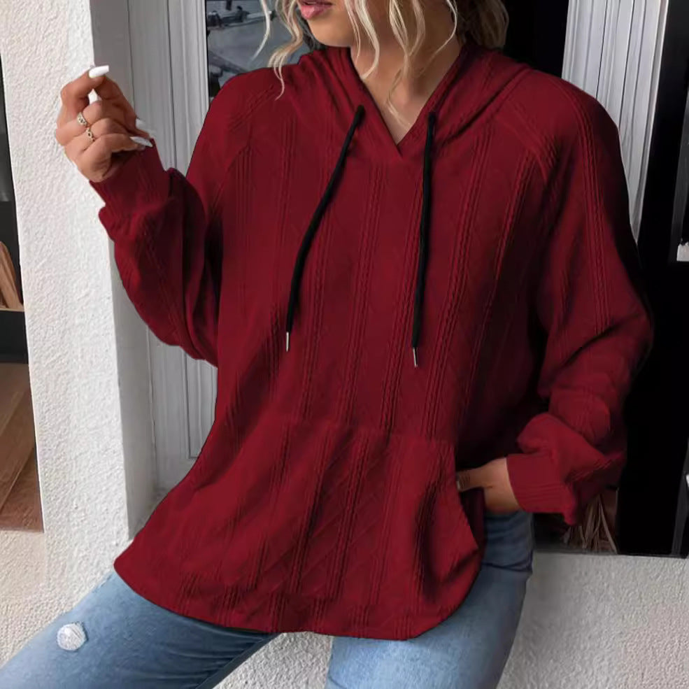 Women's Large Knit Hoodie with V-Neck and Stylish Chic Hood