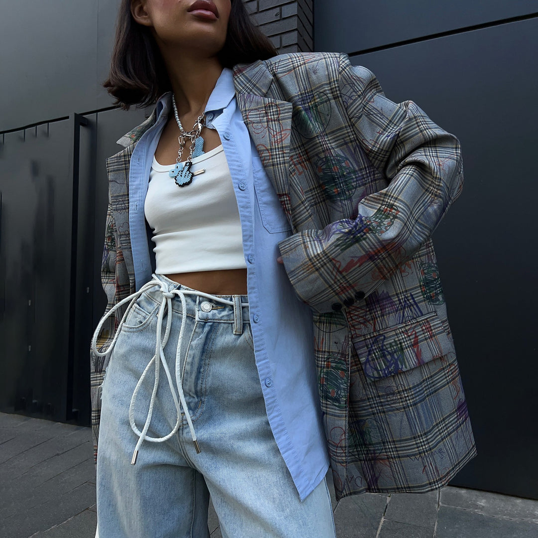 Trendy checked blazer jacket for women with an adjustable belt and creative accents Lune London