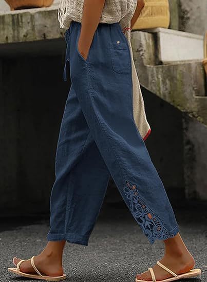 Airy linen trousers for ladies with decorative embroidery Lune London