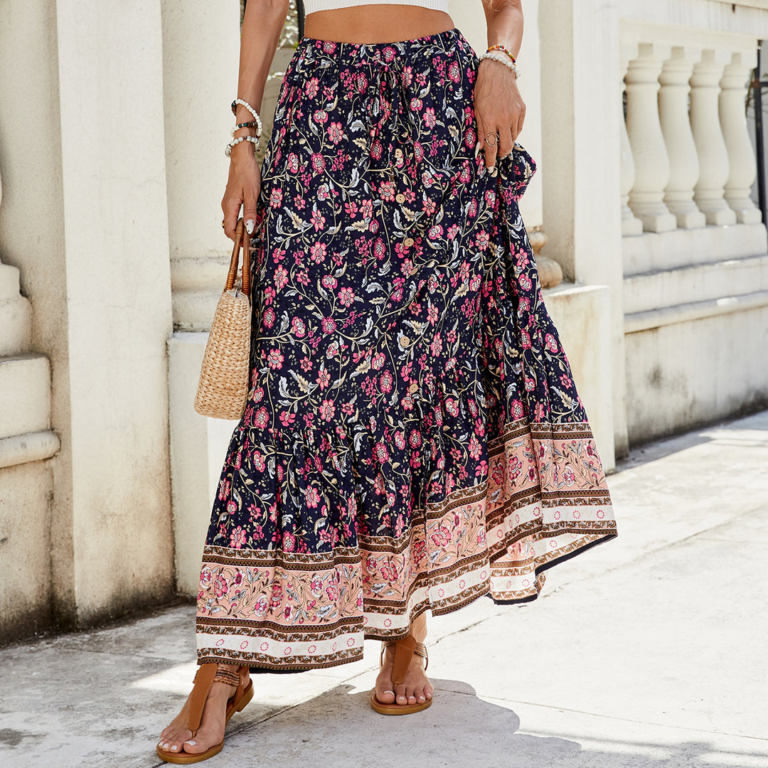 Maxi skirt for women with floral print and adjustable waistband Lune London