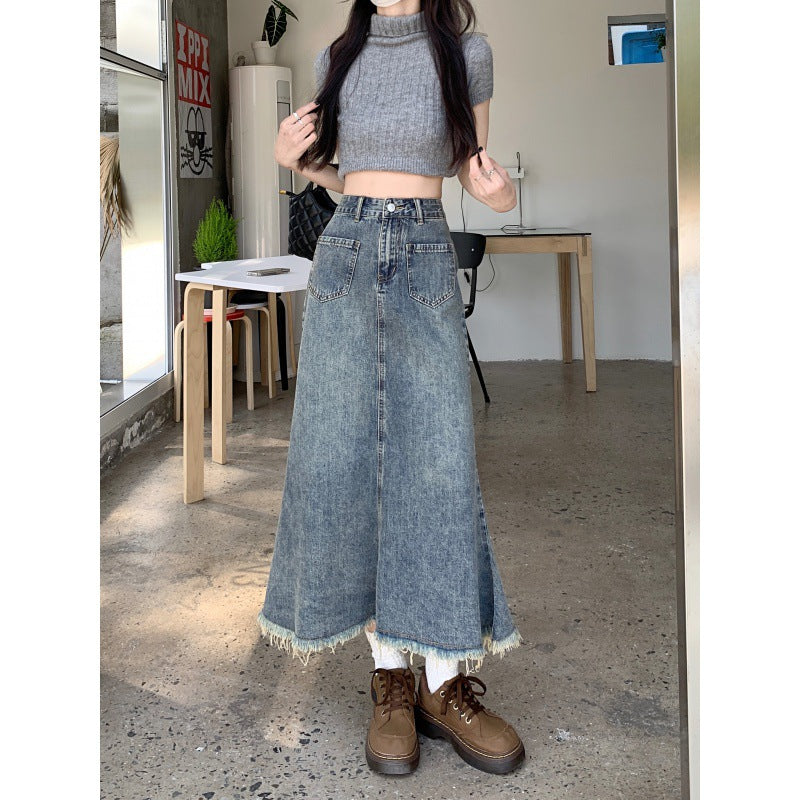 Jupe en denim longue pour femme avec ourlet effiloché Chic & Stil