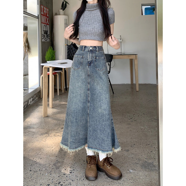 Jupe en denim longue pour femme avec ourlet effiloché Chic & Stil