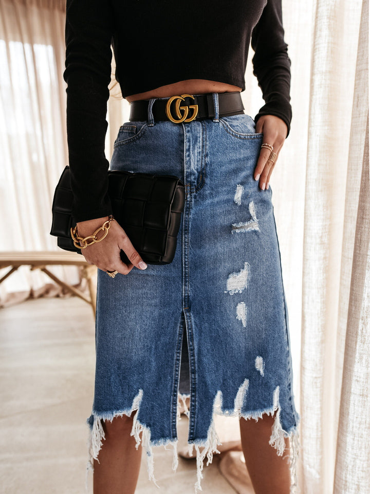 Lune London destroyed denim midi skirt for women with fringes