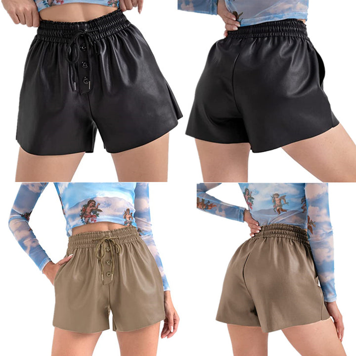 Casual women's shorts in innovative synthetic leather with an elastic waistband and practical button details Lune London
