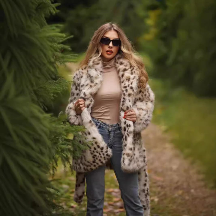 Elegant faux fur coat for women with belt and leopard print Lune London