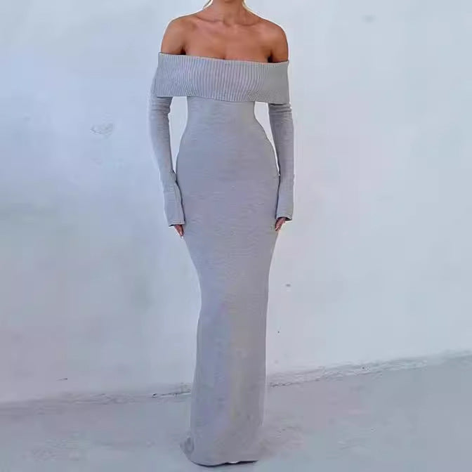 Fitted maxi dress for women, off-the-shoulder neckline, with long sleeves Lune London