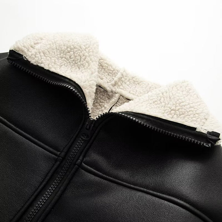 Leatherette jacket for women with warm Sherpa lining and practical pockets Lune London