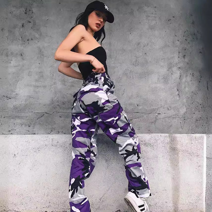 Cargo pants for women with a modern camouflage design featuring practical pockets and elastic waist Lune London