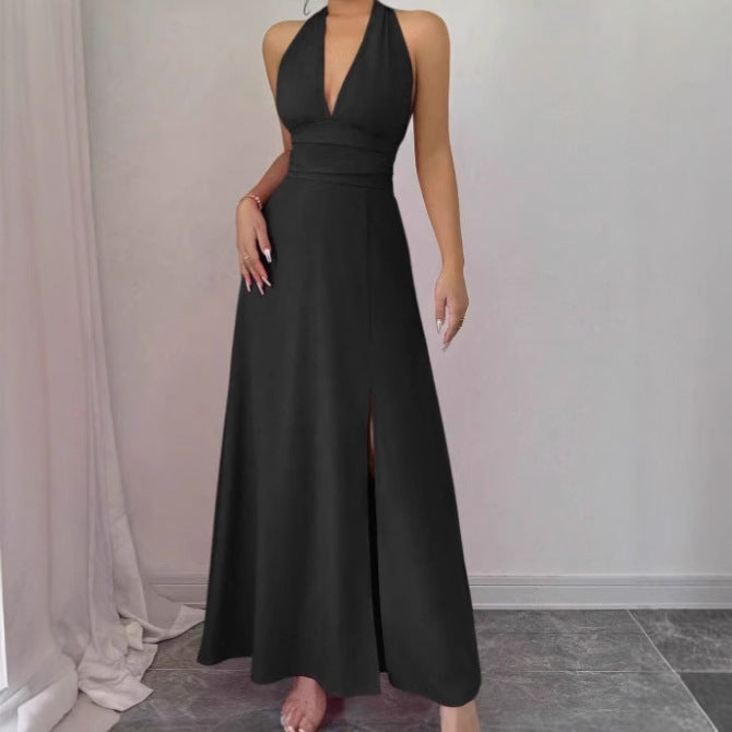 Maxi sleeveless dress for women with a seductive V-neckline and a high slit skirt Lune London