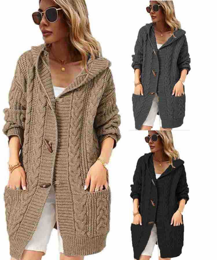Wool coat for women with hood and artistic cable knit pattern Lune London