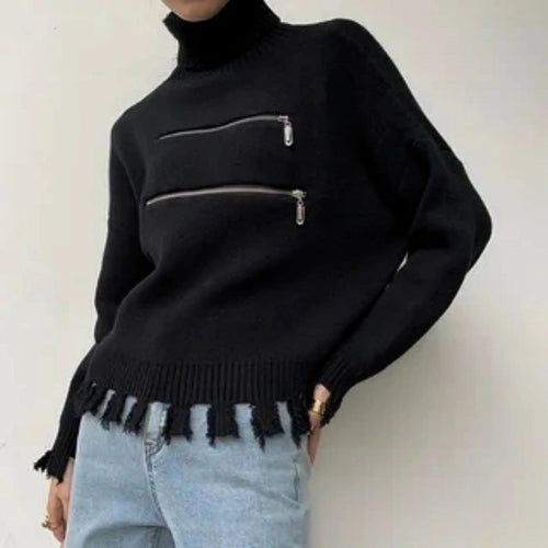 Women's Stylish Funnel Neck Sweater with Two Asymmetric Zip Pockets and Fringed Hem Lune London