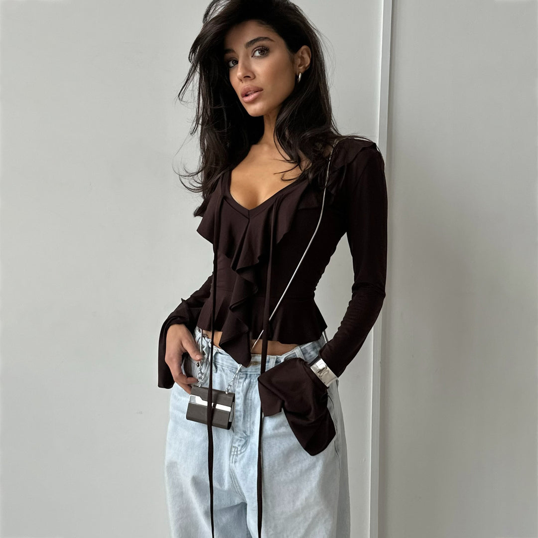 Long sleeve blouse for women with ruffles and plunging V-neck Lune London