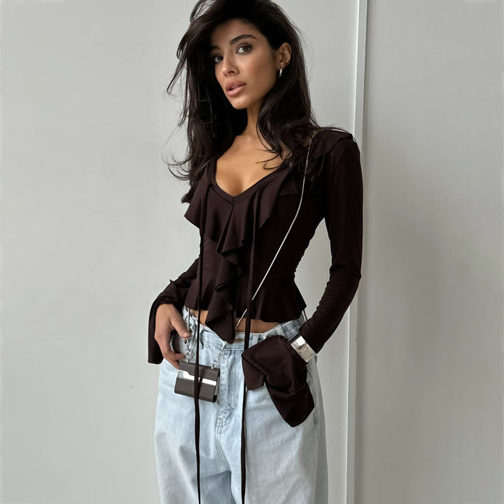 Long sleeve blouse for women with ruffles and plunging V-neck Lune London
