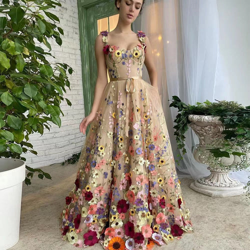 Women's Flower Embroidered Tulle Dress with Waist Belt and A-Line Silhouette Lune London