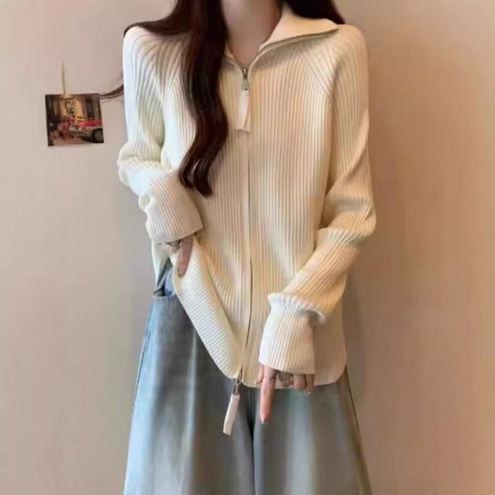 Knitted jacket for women with high collar and zipper Lune London