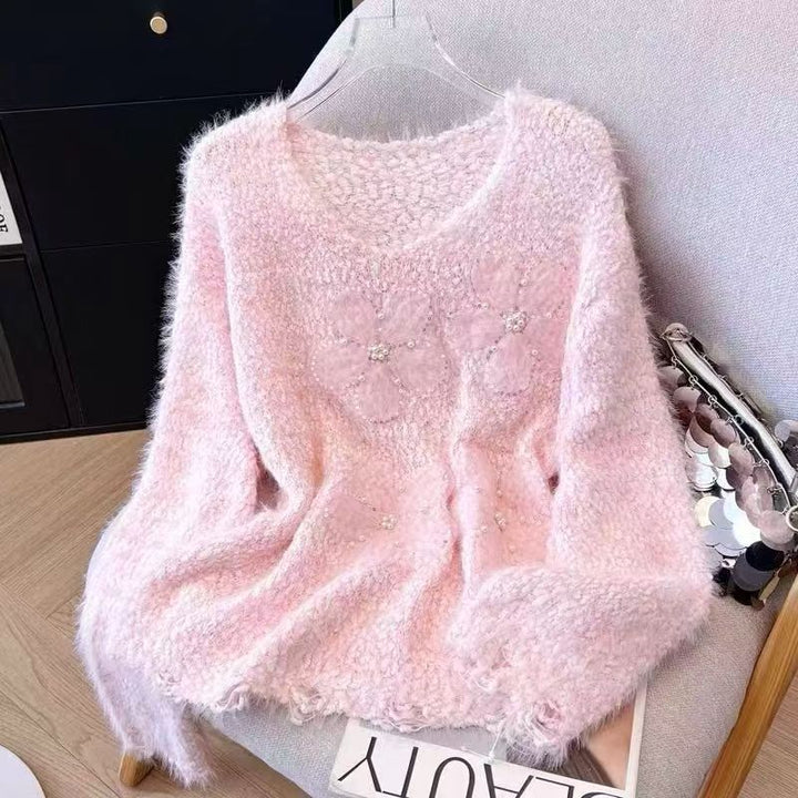 Pull côtelé pour femmes avec appliqués floraux Chic & Stil