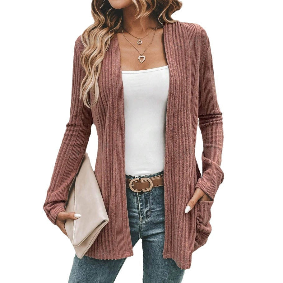 Women Fine Knit Jacket with Deep V-Neck and Practical Pockets Lune London