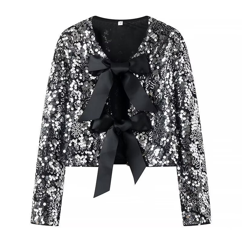 Veste en sequins brillants pour femmes avec accents de nœud élégants Chic & Stil